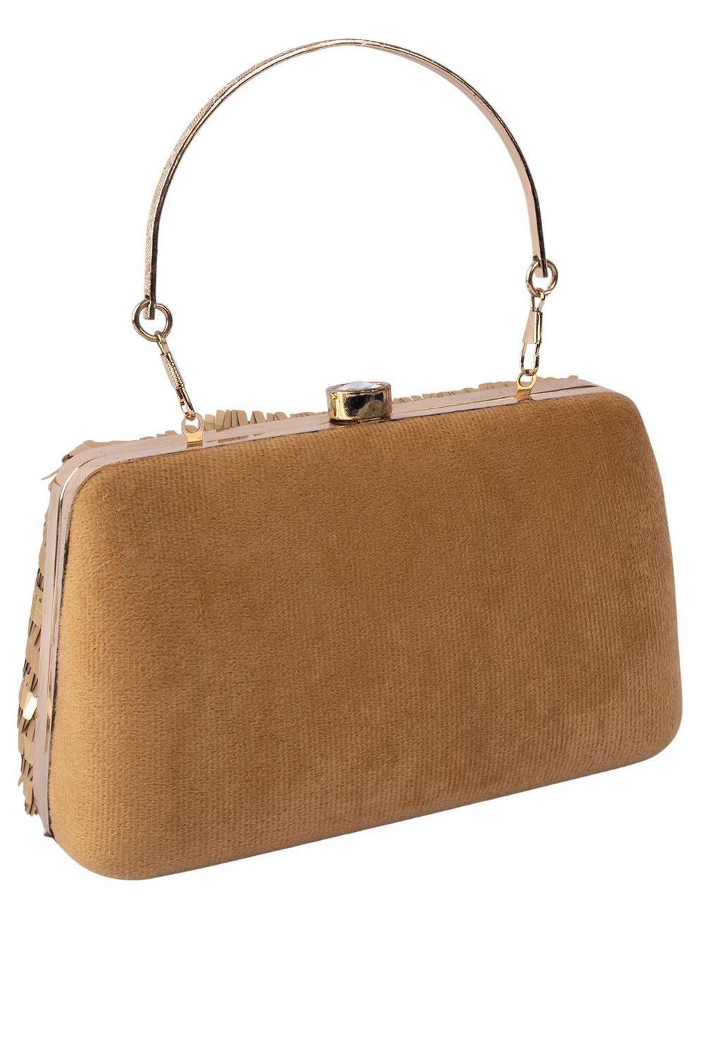 Gold sequin embellished handbag with metal handle raw silk lining and button closure for wedding and festive party wear