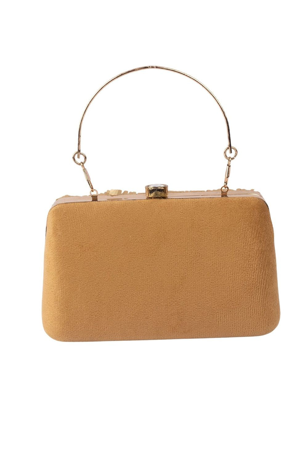 Gold sequin embellished handbag with metal handle raw silk lining and button closure for wedding and festive party wear