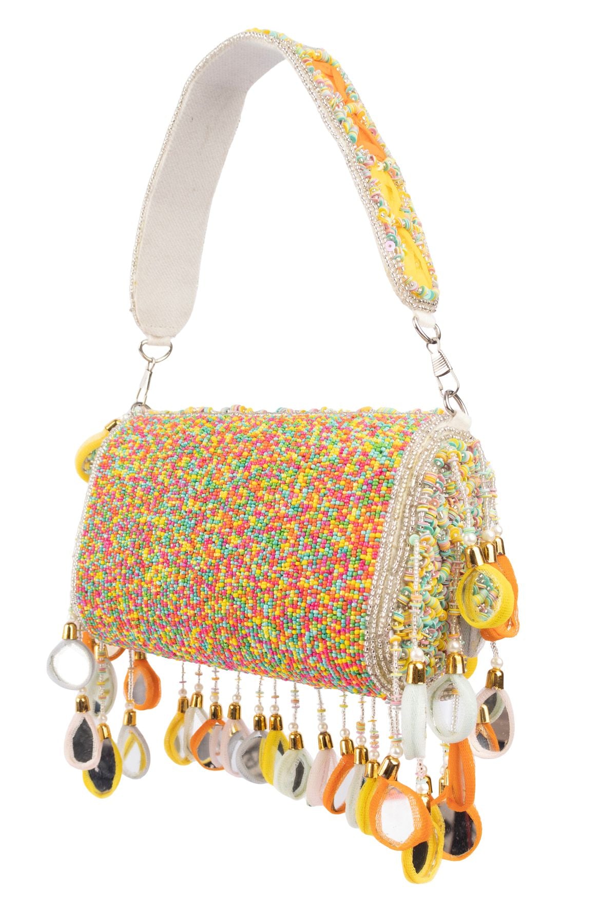 Eeth Silver Base Multicolour Mirror Work Sequin Detailing Clutch Bag
