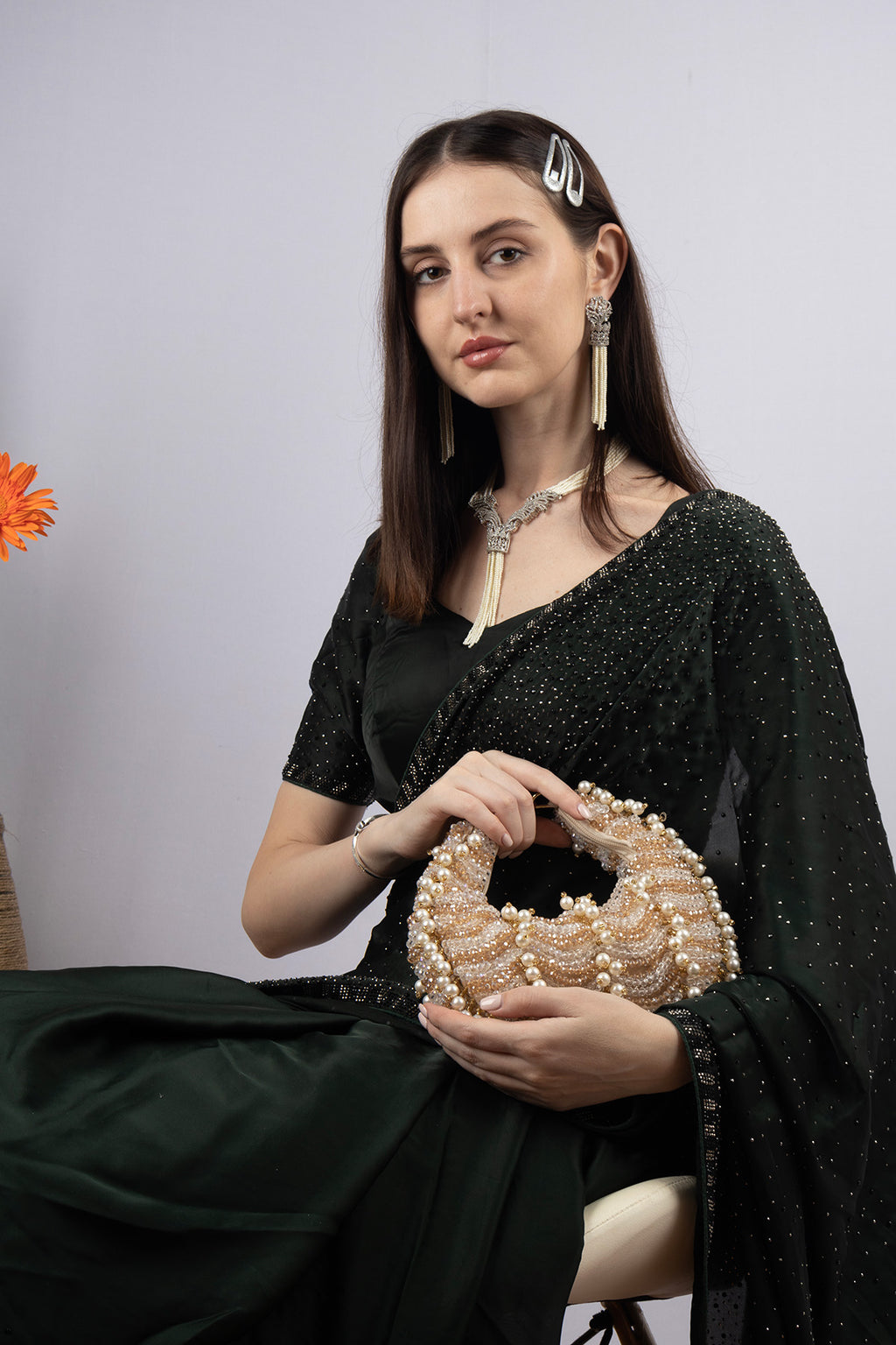 Champagne gold pearl and crystal embellished ethnic clutch handle bag for wedding and bridal wear