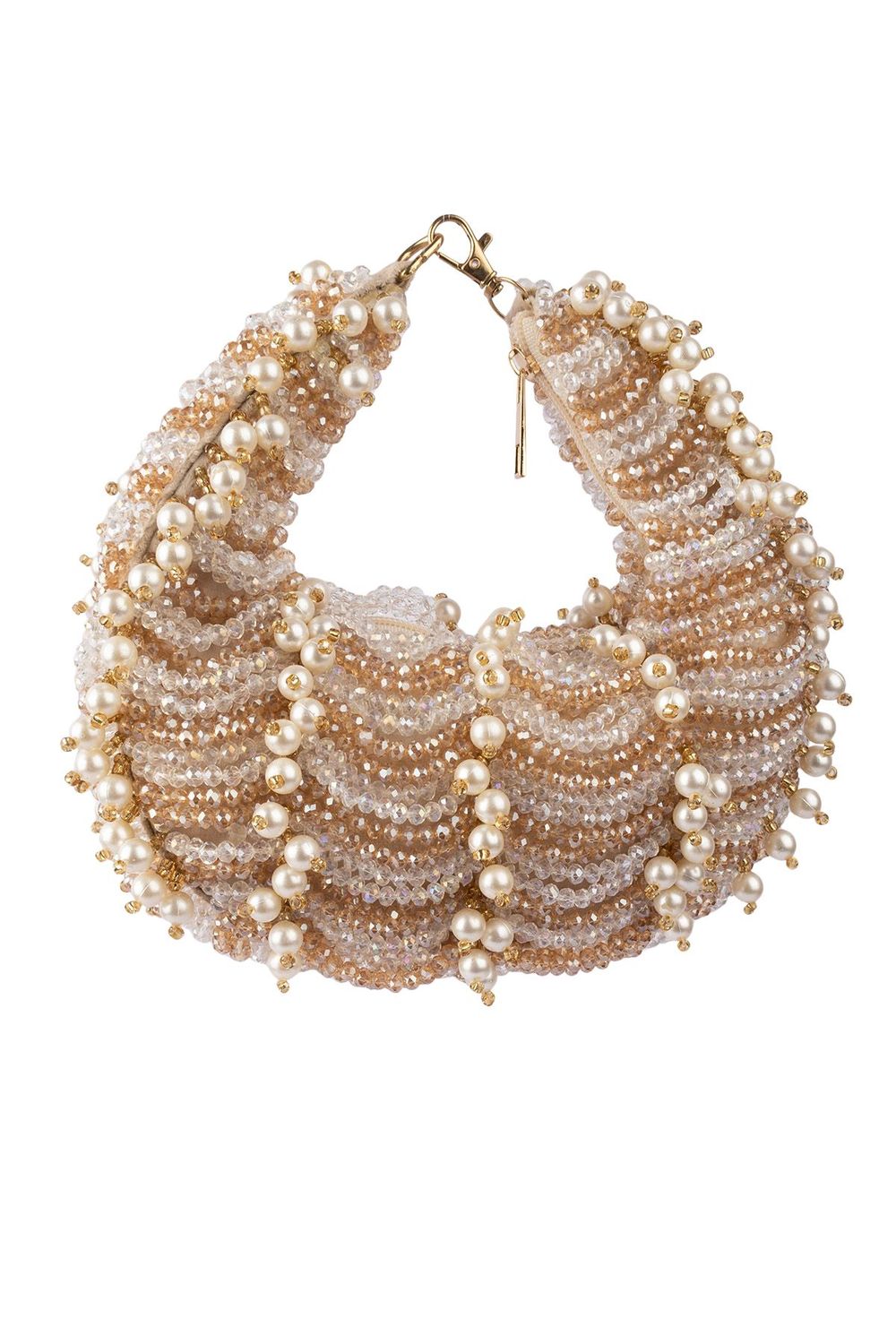 Champagne gold pearl and crystal embellished ethnic clutch handle bag for wedding and bridal wear