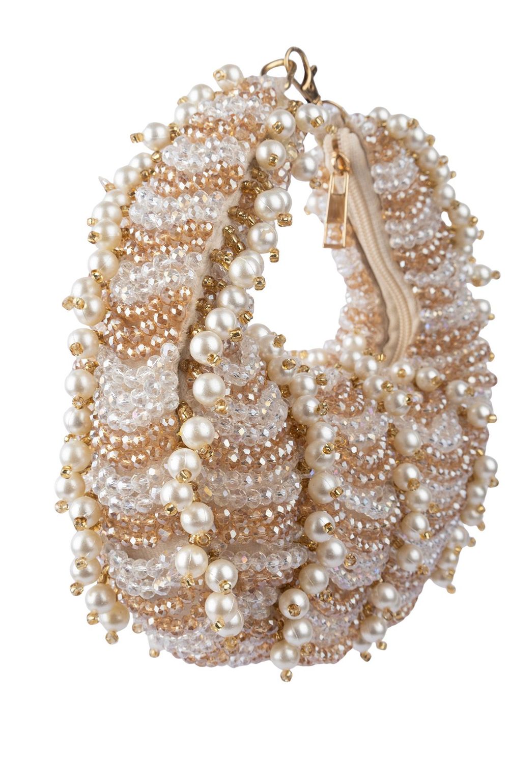 Champagne gold pearl and crystal embellished ethnic clutch handle bag for wedding and bridal wear