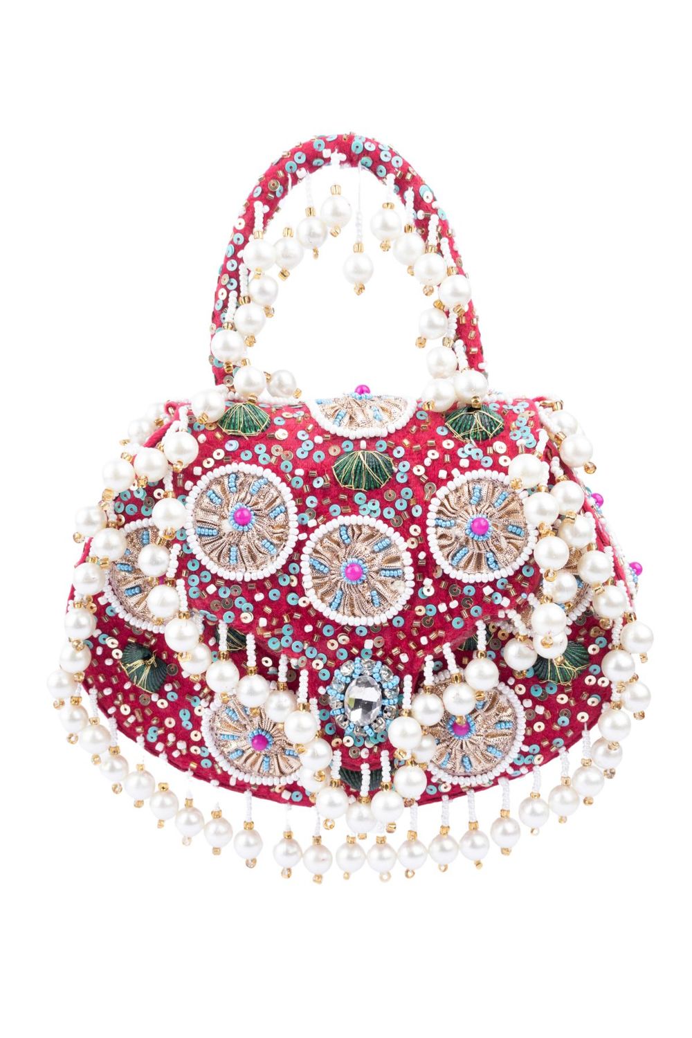 Red handcrafted potli bag with beads sequins zari embroidery and pearl detailing with chain strap for wedding and festive wear