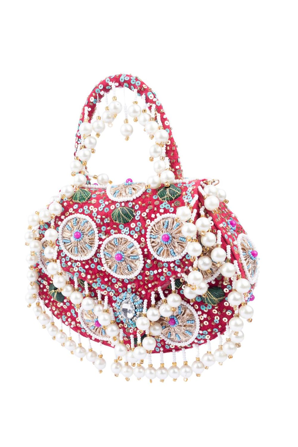 Red handcrafted potli bag with beads sequins zari embroidery and pearl detailing with chain strap for wedding and festive wear