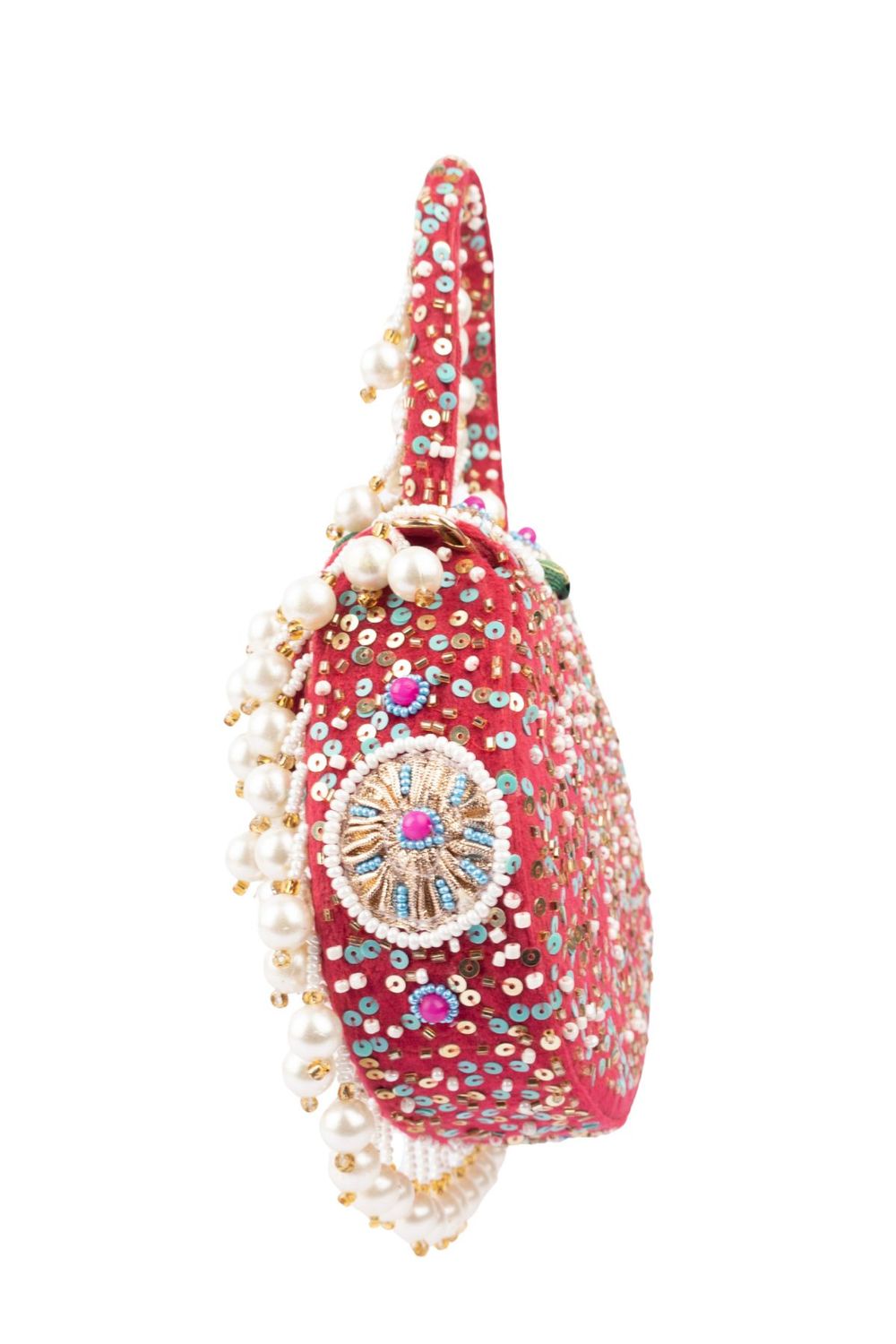 Red handcrafted potli bag with beads sequins zari embroidery and pearl detailing with chain strap for wedding and festive wear