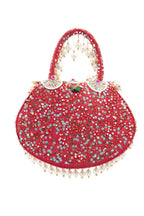 Red handcrafted potli bag with beads sequins zari embroidery and pearl detailing with chain strap for wedding and festive wear