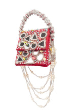 Red mirror work handcrafted clutch bag with stone beads and pearl embellishments for wedding and festive wear