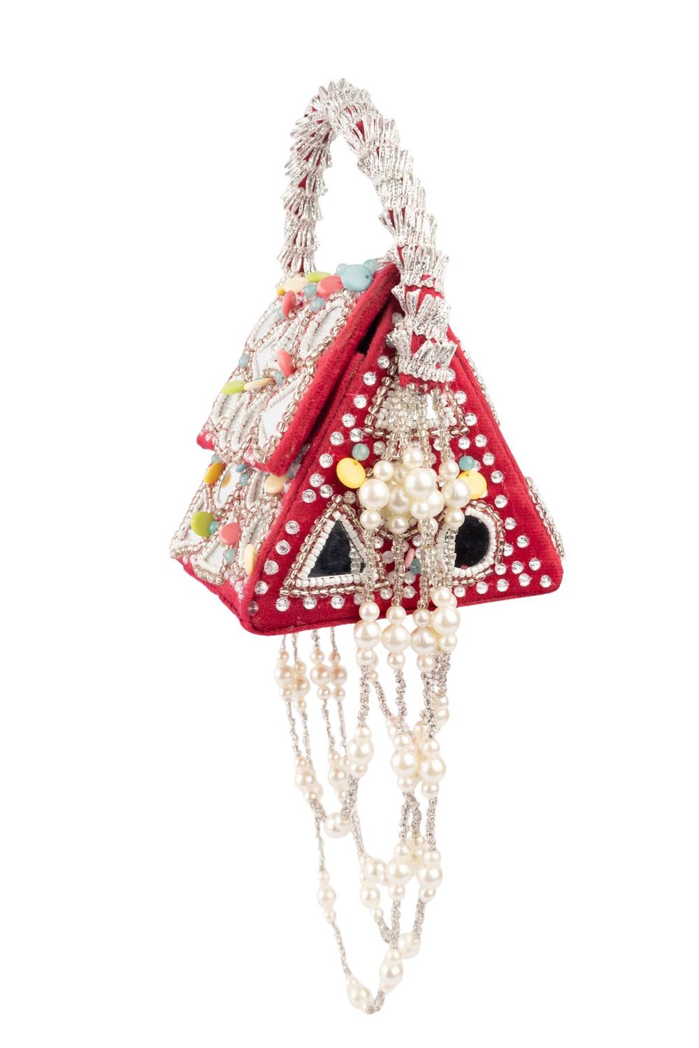 Red mirror work handcrafted clutch bag with stone beads and pearl embellishments for wedding and festive wear