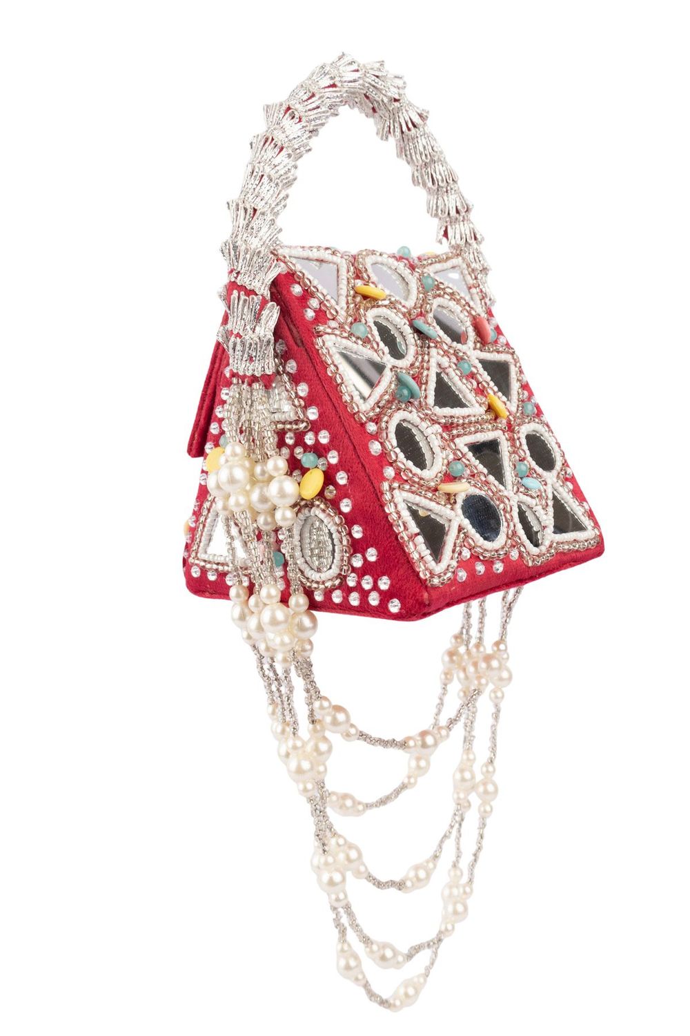 Red mirror work handcrafted clutch bag with stone beads and pearl embellishments for wedding and festive wear