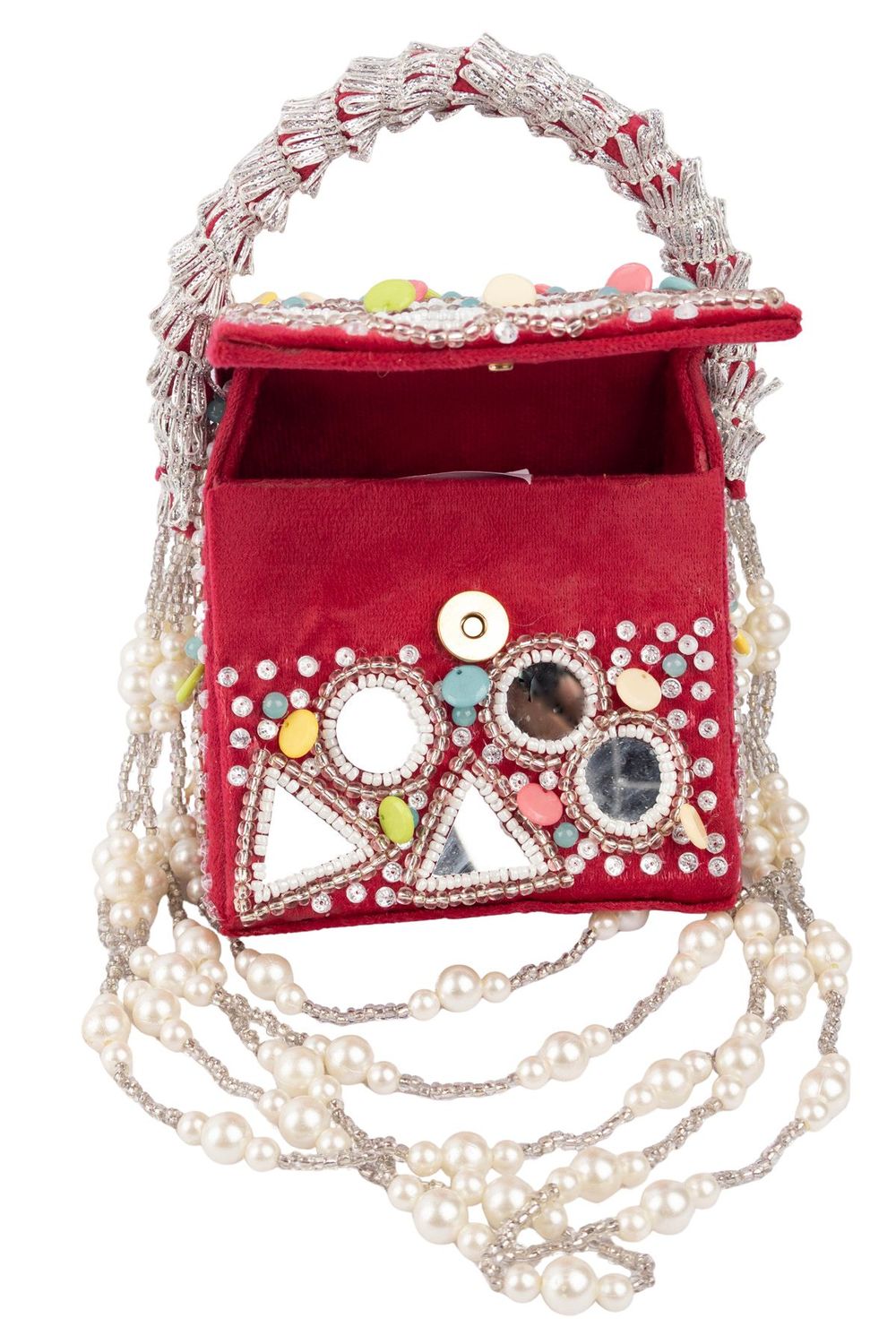 Red mirror work handcrafted clutch bag with stone beads and pearl embellishments for wedding and festive wear