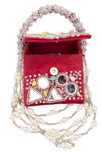 Red mirror work handcrafted clutch bag with stone beads and pearl embellishments for wedding and festive wear