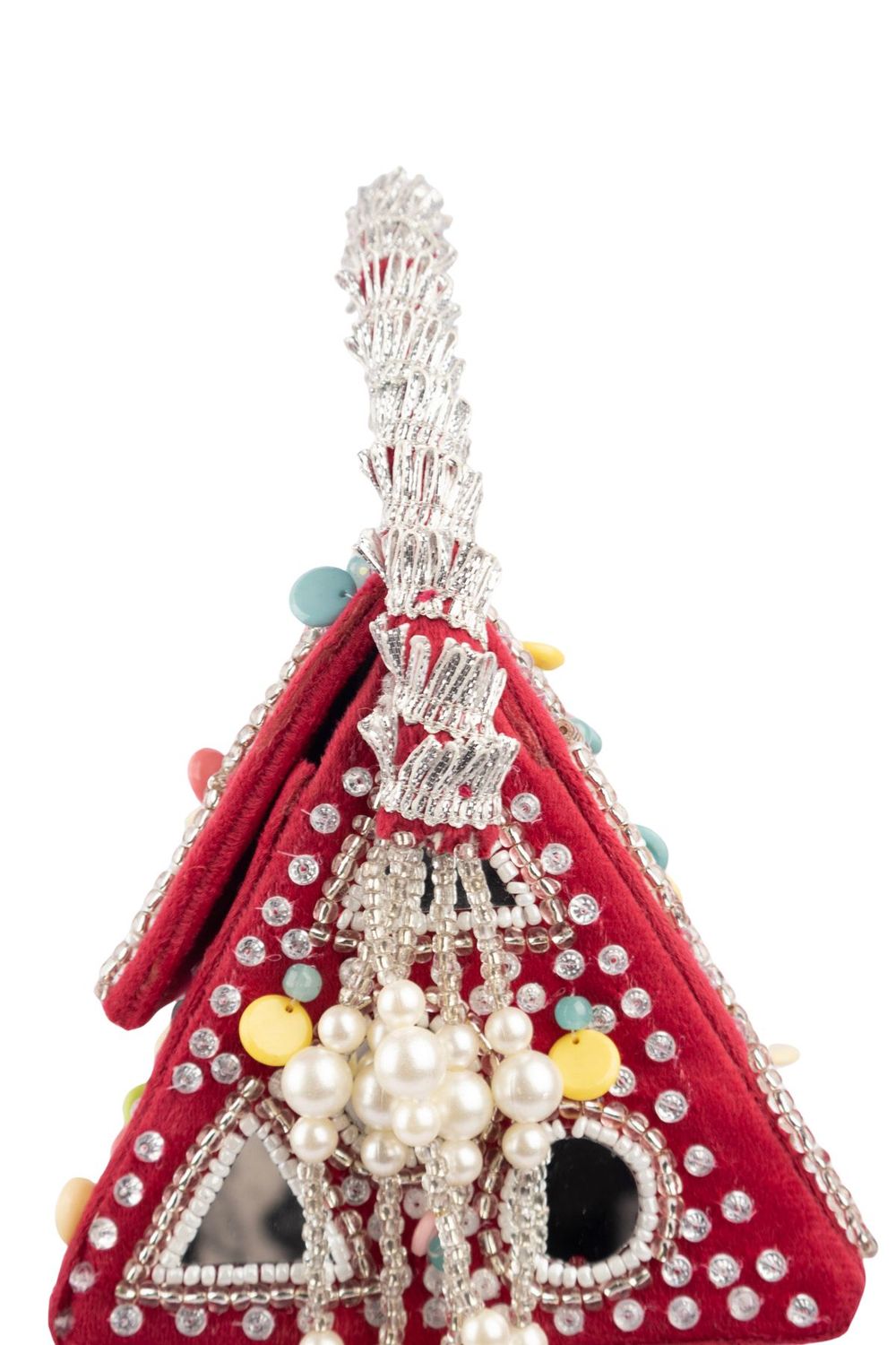 Red mirror work handcrafted clutch bag with stone beads and pearl embellishments for wedding and festive wear