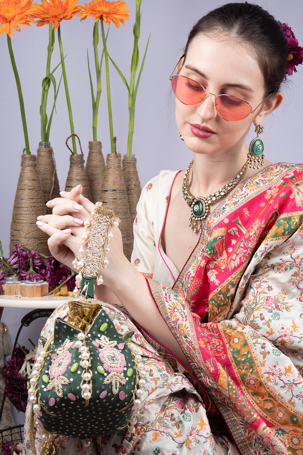 Green lotus shape pearl zardosi suede potli bag with hand embroidery gold zari floral motif bridal festive ethnic wedding accessory