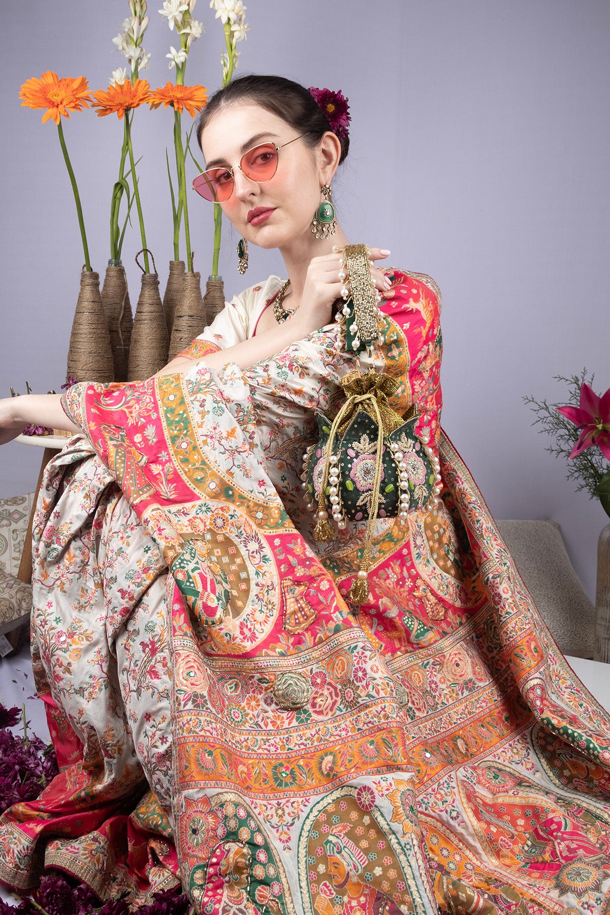Green lotus shape pearl zardosi suede potli bag with hand embroidery gold zari floral motif bridal festive ethnic wedding accessory