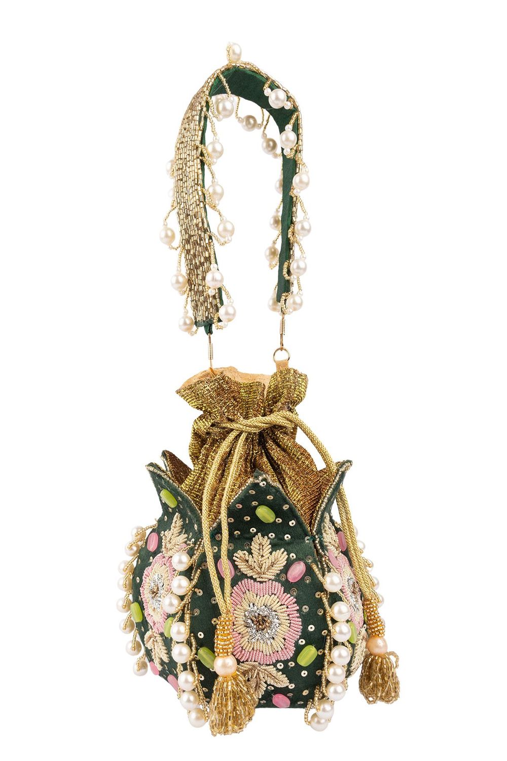 Green lotus shape pearl zardosi suede potli bag with hand embroidery gold zari floral motif bridal festive ethnic wedding accessory