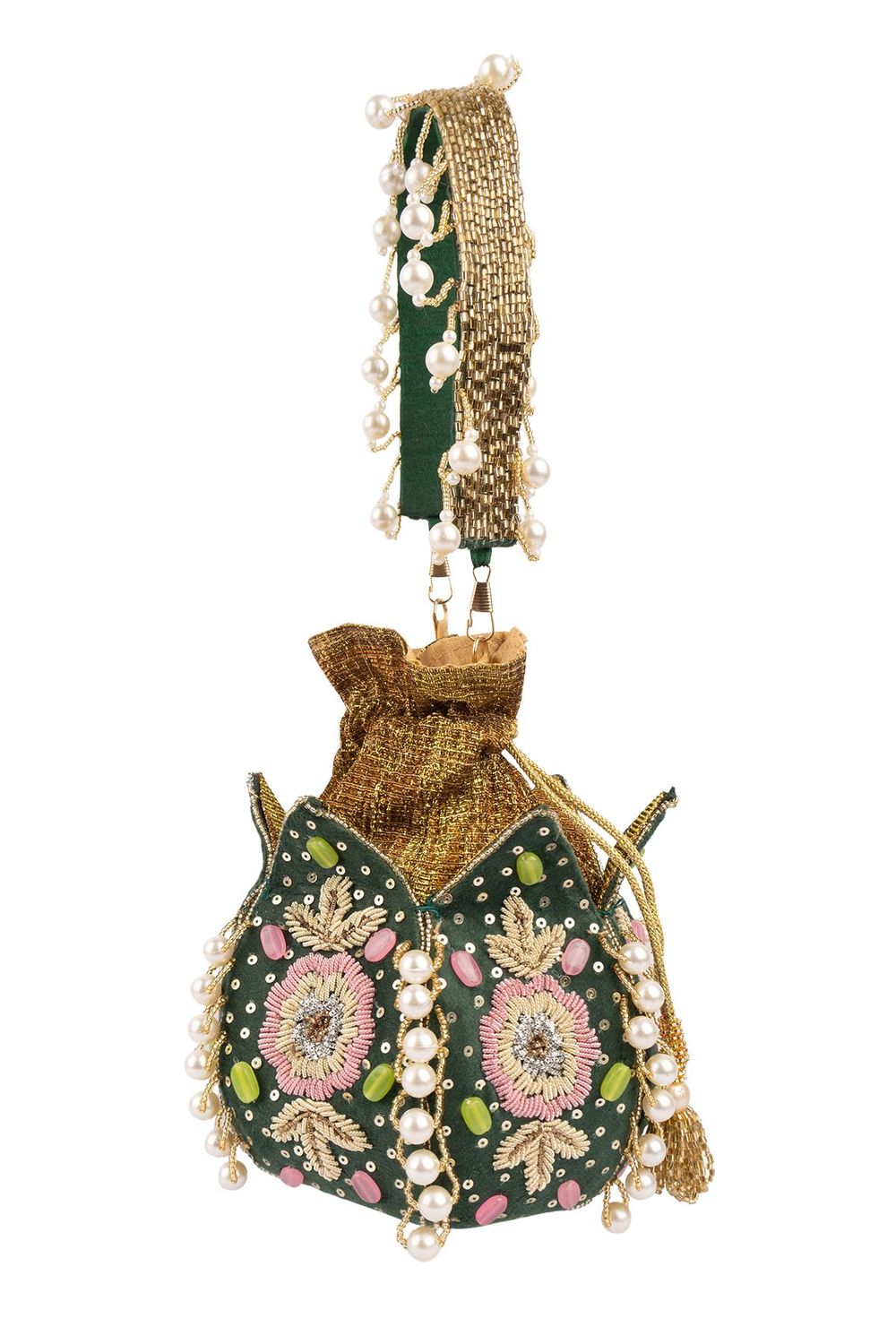 Green lotus shape pearl zardosi suede potli bag with hand embroidery gold zari floral motif bridal festive ethnic wedding accessory