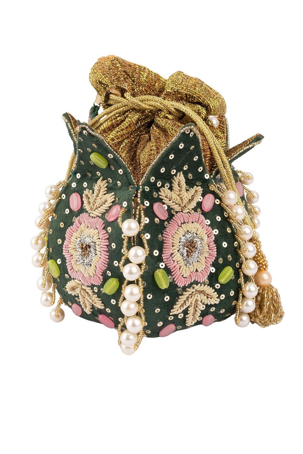 Green lotus shape pearl zardosi suede potli bag with hand embroidery gold zari floral motif bridal festive ethnic wedding accessory