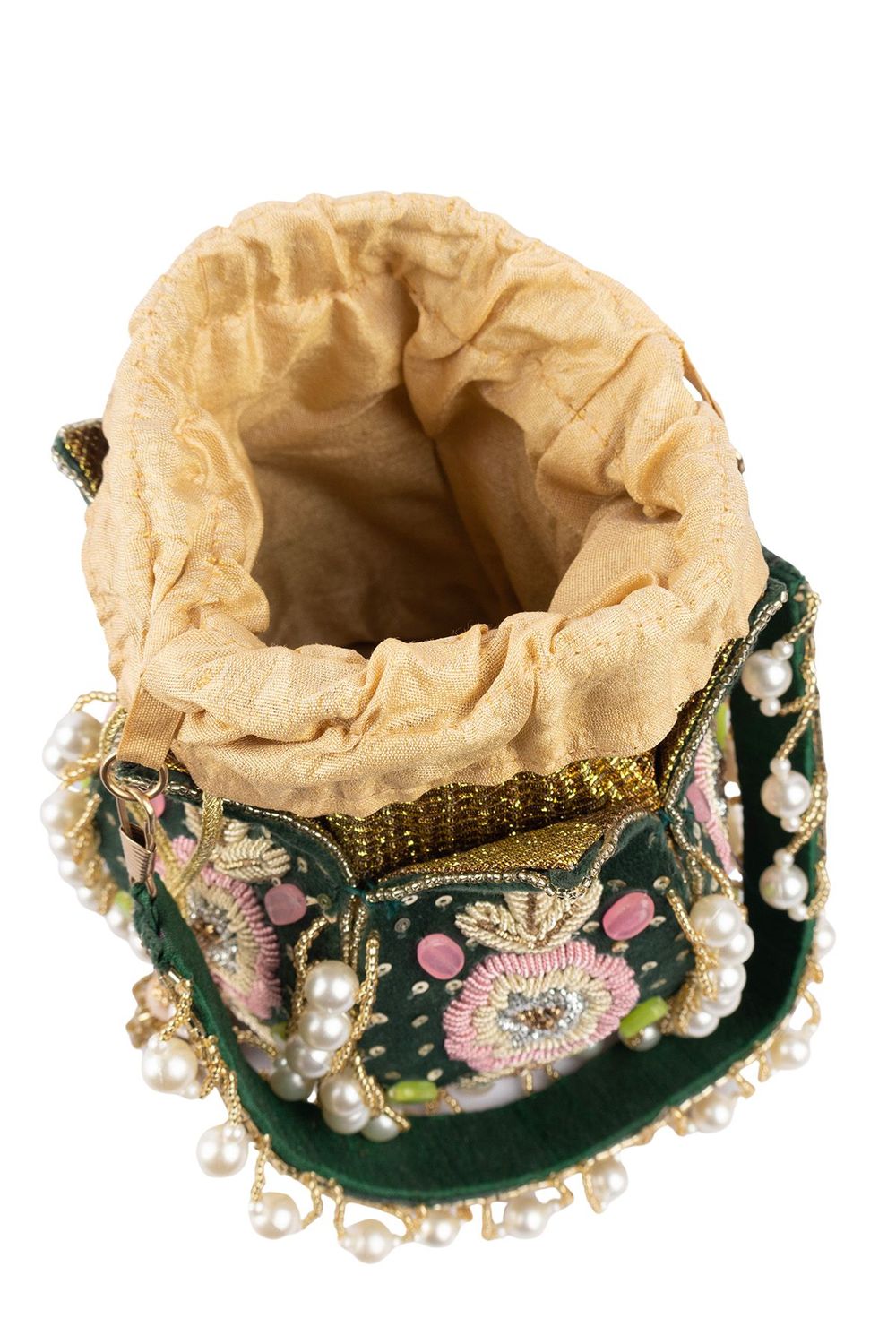 Green lotus shape pearl zardosi suede potli bag with hand embroidery gold zari floral motif bridal festive ethnic wedding accessory