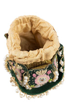 Green lotus shape pearl zardosi suede potli bag with hand embroidery gold zari floral motif bridal festive ethnic wedding accessory