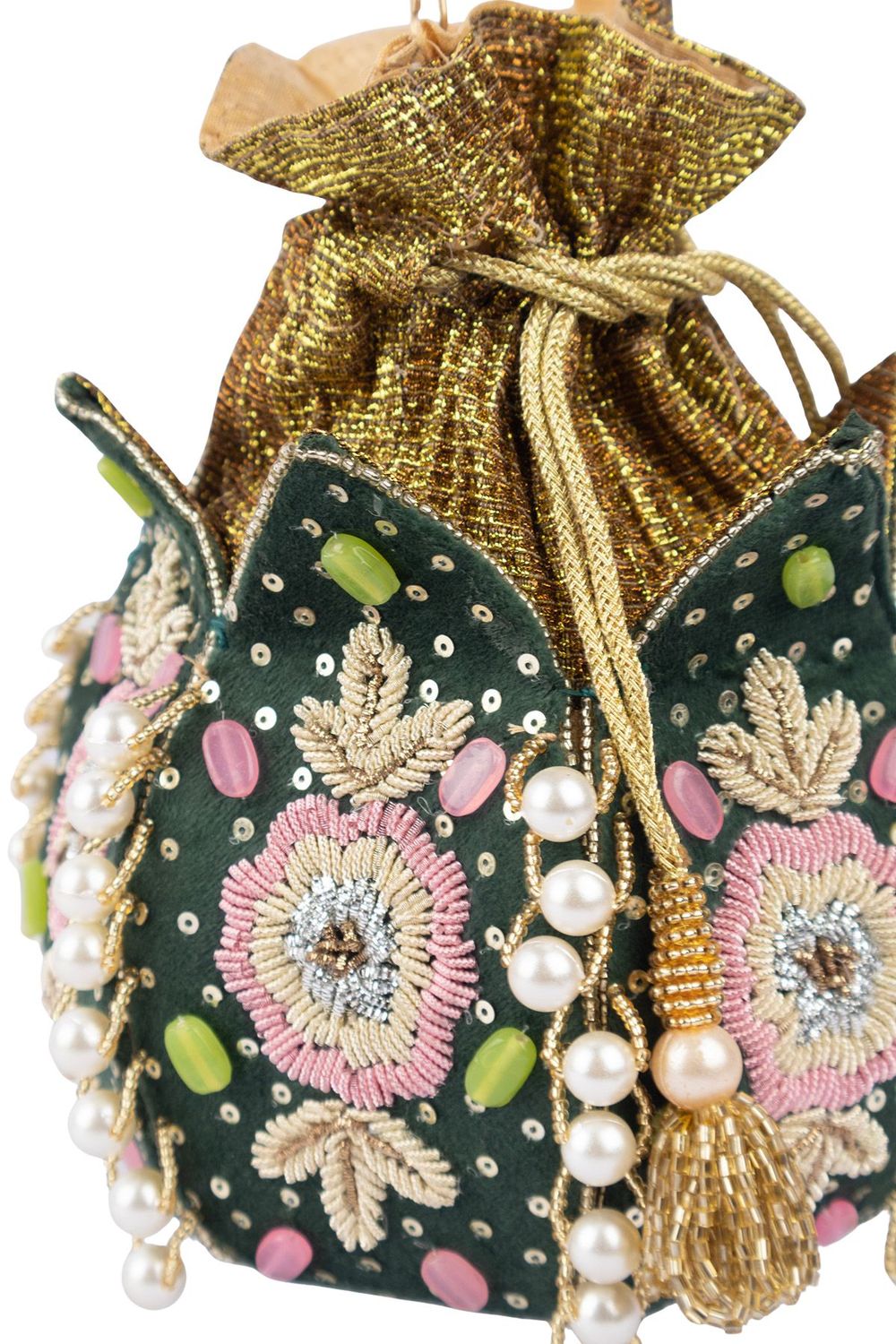 Green lotus shape pearl zardosi suede potli bag with hand embroidery gold zari floral motif bridal festive ethnic wedding accessory
