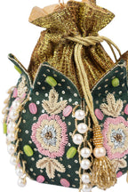 Green lotus shape pearl zardosi suede potli bag with hand embroidery gold zari floral motif bridal festive ethnic wedding accessory