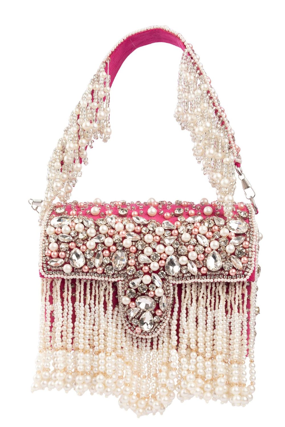 Pink stone work pearl and bead embellished evening handbag with fringe detailing for wedding and party wear