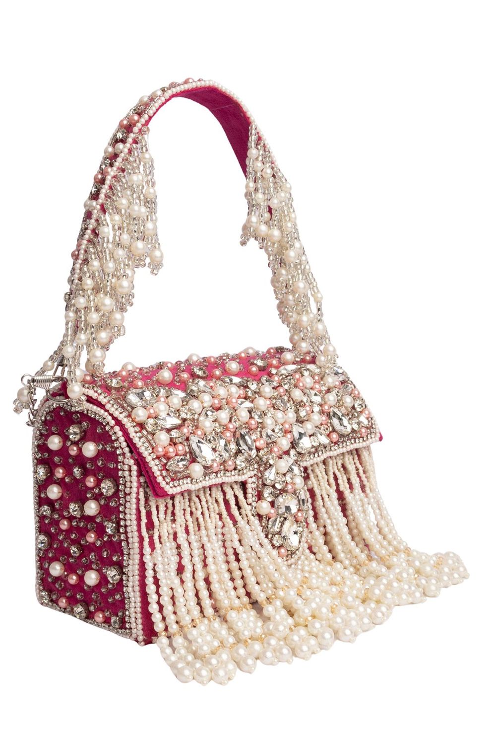 Pink stone work pearl and bead embellished evening handbag with fringe detailing for wedding and party wear