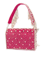 Pink stone work pearl and bead embellished evening handbag with fringe detailing for wedding and party wear