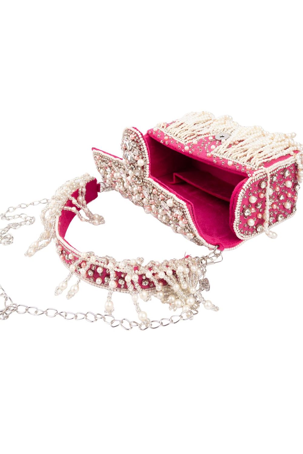 Pink stone work pearl and bead embellished evening handbag with fringe detailing for wedding and party wear