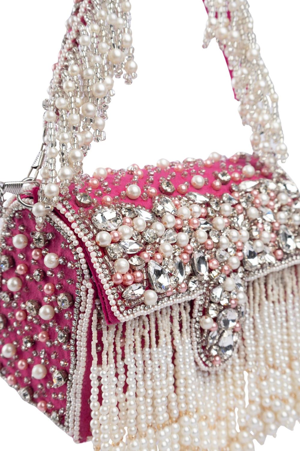 Pink stone work pearl and bead embellished evening handbag with fringe detailing for wedding and party wear