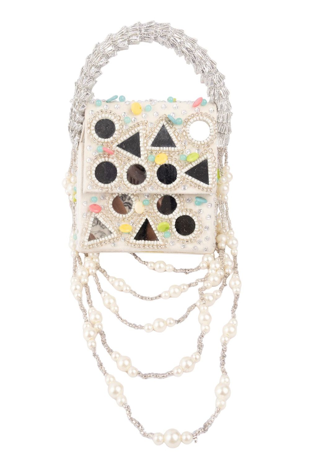 Ivory mirror work handcrafted clutch bag with stone beads and pearl embellishments for wedding and festive wear