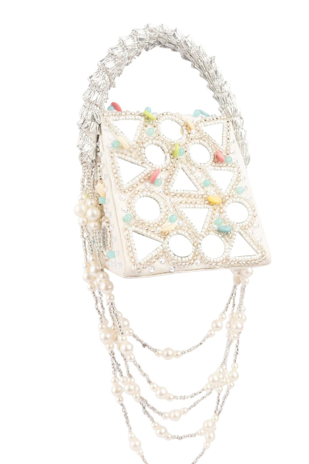 Ivory mirror work handcrafted clutch bag with stone beads and pearl embellishments for wedding and festive wear