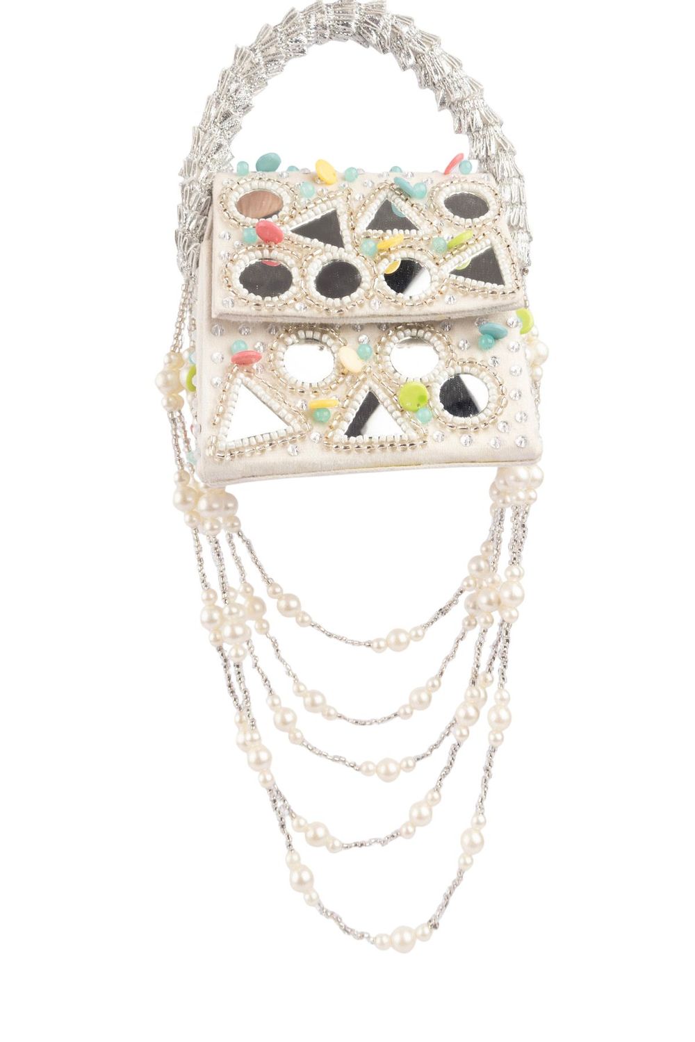 Ivory mirror work handcrafted clutch bag with stone beads and pearl embellishments for wedding and festive wear