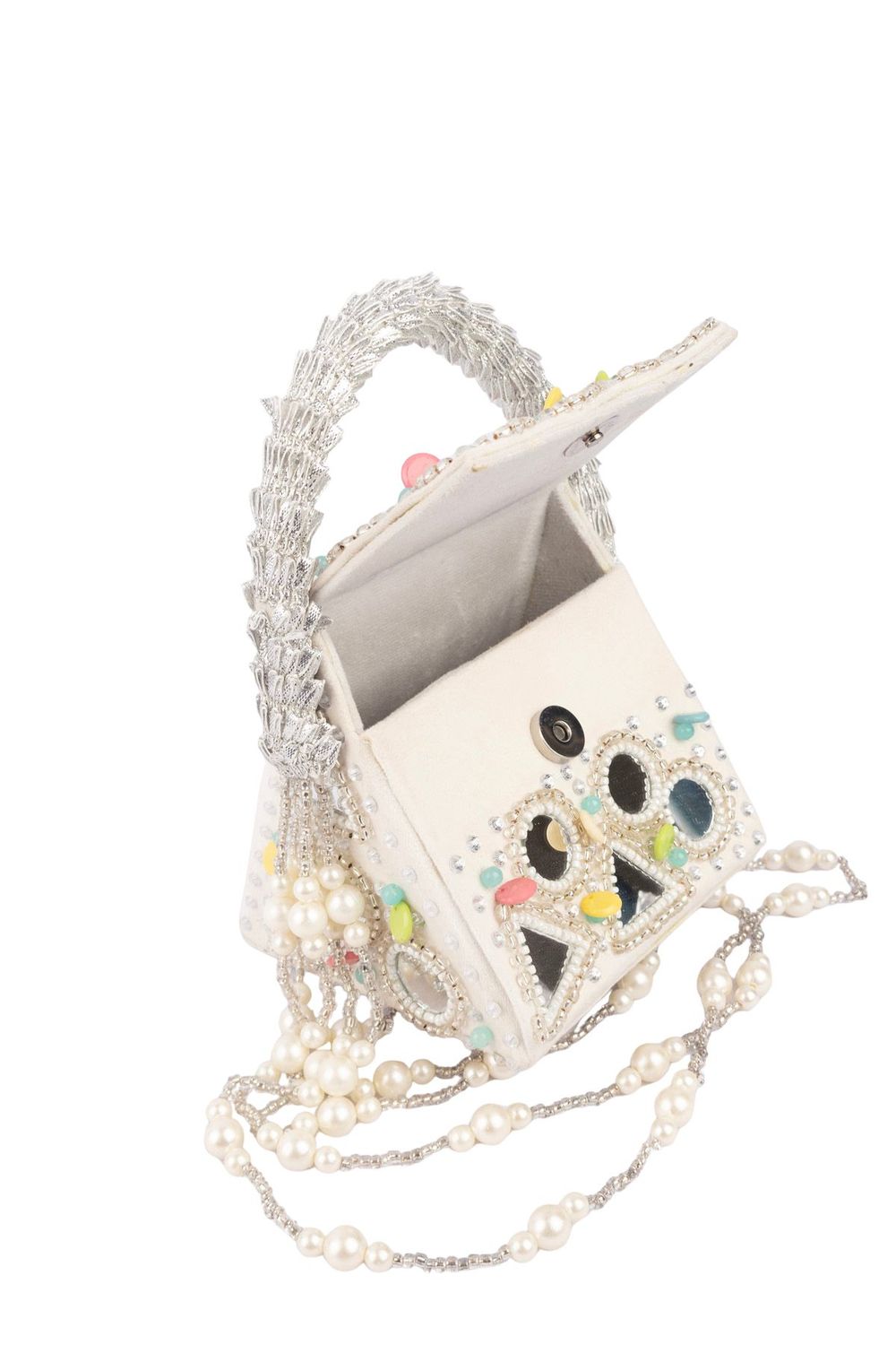 Ivory mirror work handcrafted clutch bag with stone beads and pearl embellishments for wedding and festive wear
