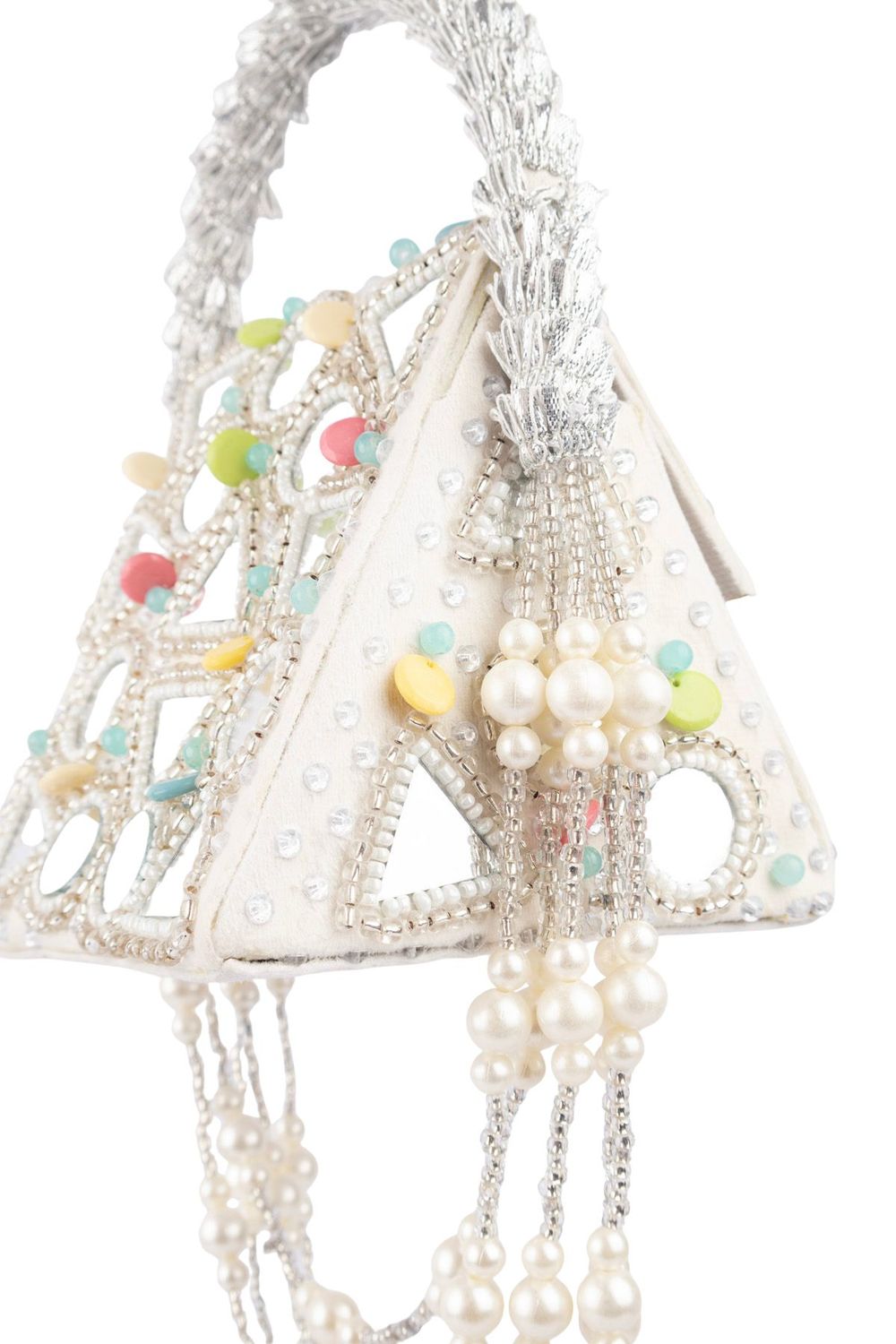 Ivory mirror work handcrafted clutch bag with stone beads and pearl embellishments for wedding and festive wear