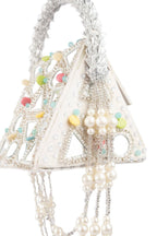 Ivory mirror work handcrafted clutch bag with stone beads and pearl embellishments for wedding and festive wear