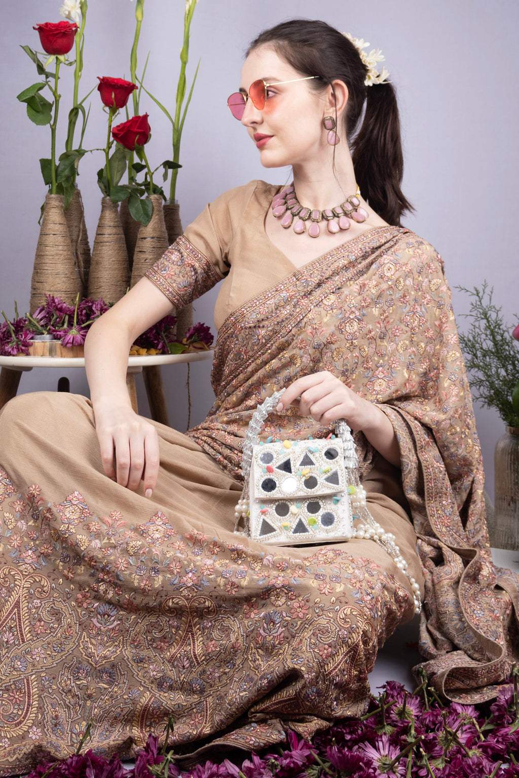 Ivory mirror work handcrafted clutch bag with stone beads and pearl embellishments for wedding and festive wear