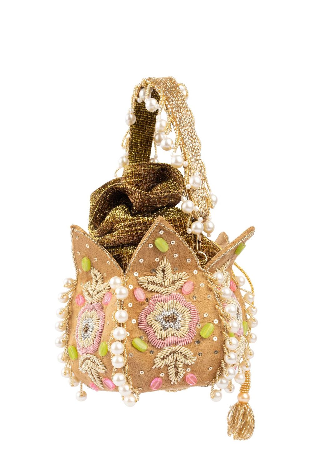 Beige gold lotus shape pearl zardosi suede potli bag with floral embroidery for wedding and bridal wear