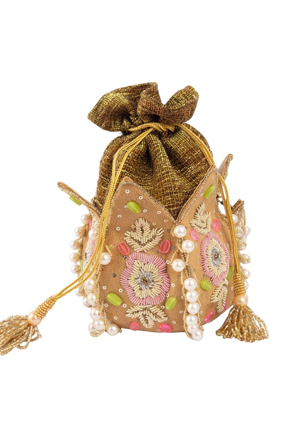 Beige gold lotus shape pearl zardosi suede potli bag with floral embroidery for wedding and bridal wear
