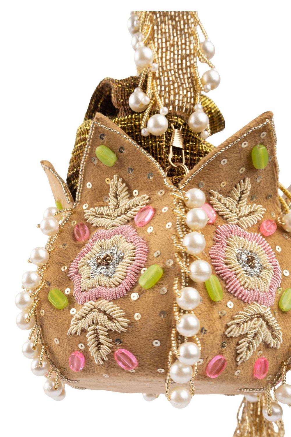 Beige gold lotus shape pearl zardosi suede potli bag with floral embroidery for wedding and bridal wear