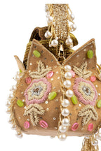 Beige gold lotus shape pearl zardosi suede potli bag with floral embroidery for wedding and bridal wear
