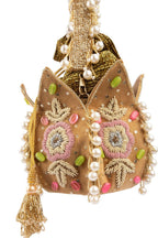 Beige gold lotus shape pearl zardosi suede potli bag with floral embroidery for wedding and bridal wear