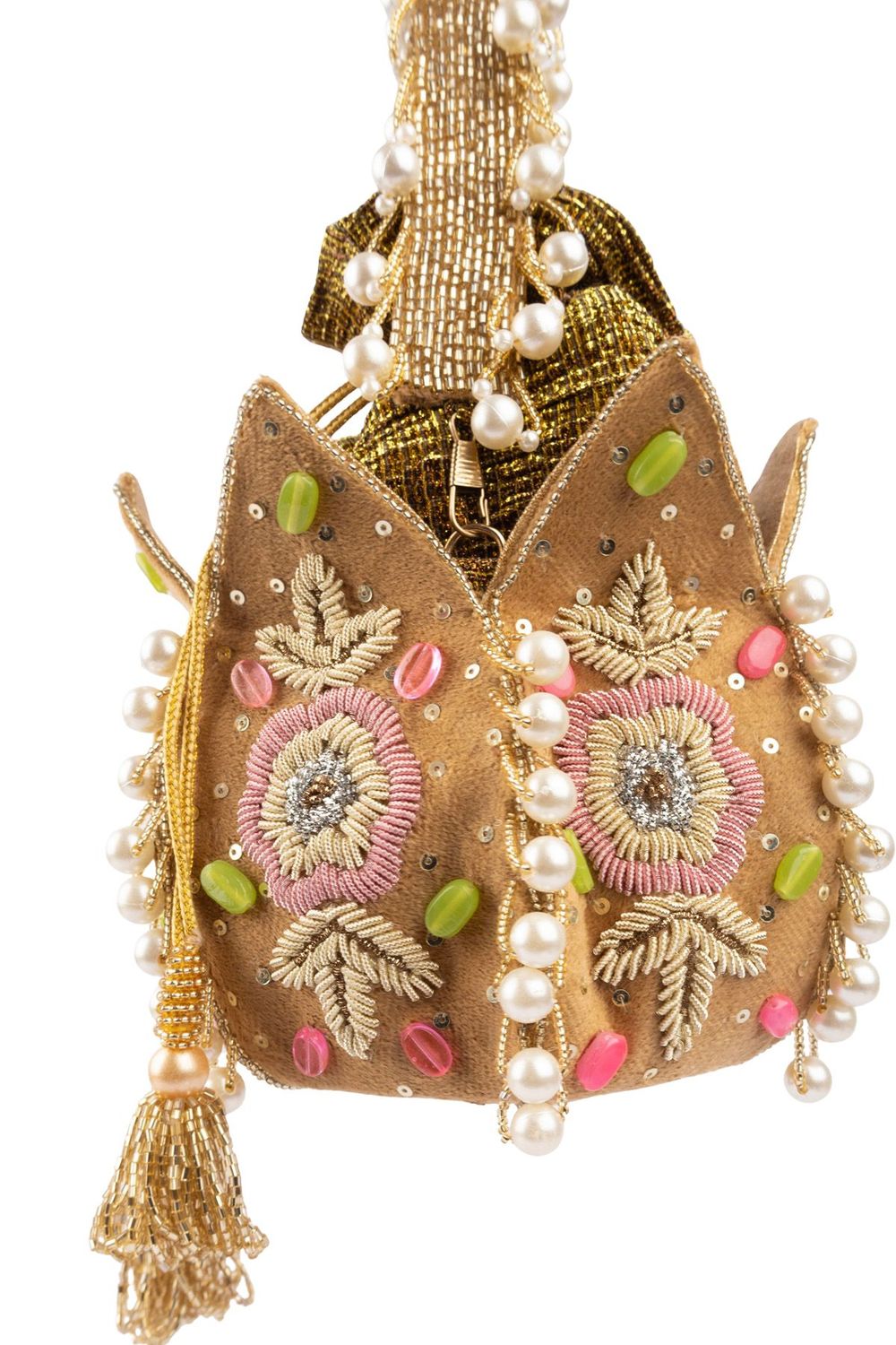 Beige gold lotus shape pearl zardosi suede potli bag with floral embroidery for wedding and bridal wear