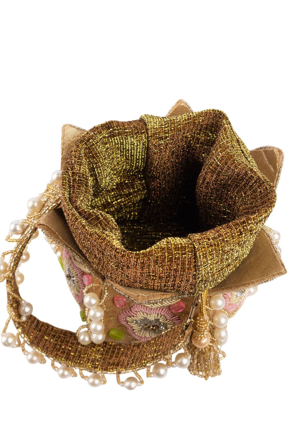Beige gold lotus shape pearl zardosi suede potli bag with floral embroidery for wedding and bridal wear
