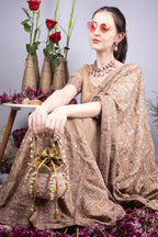 Beige gold lotus shape pearl zardosi suede potli bag with floral embroidery for wedding and bridal wear