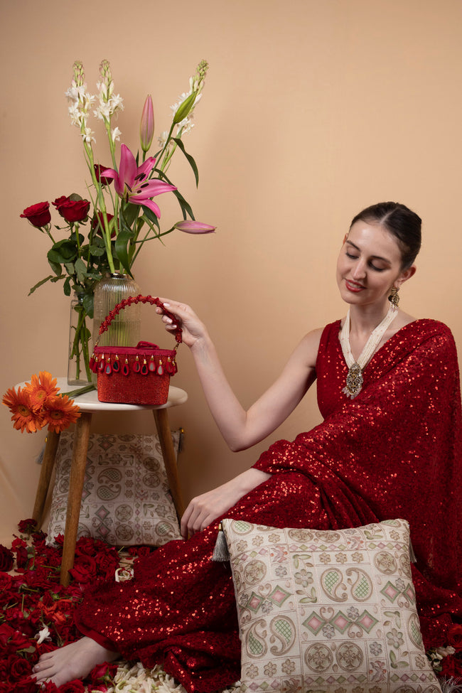 Eeth Red Crystal Potli Bag with Drawstring Tassels Main Image
