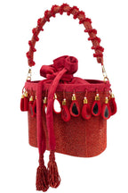 Red crystal potli bag with drawstring tassels for wedding and party wear