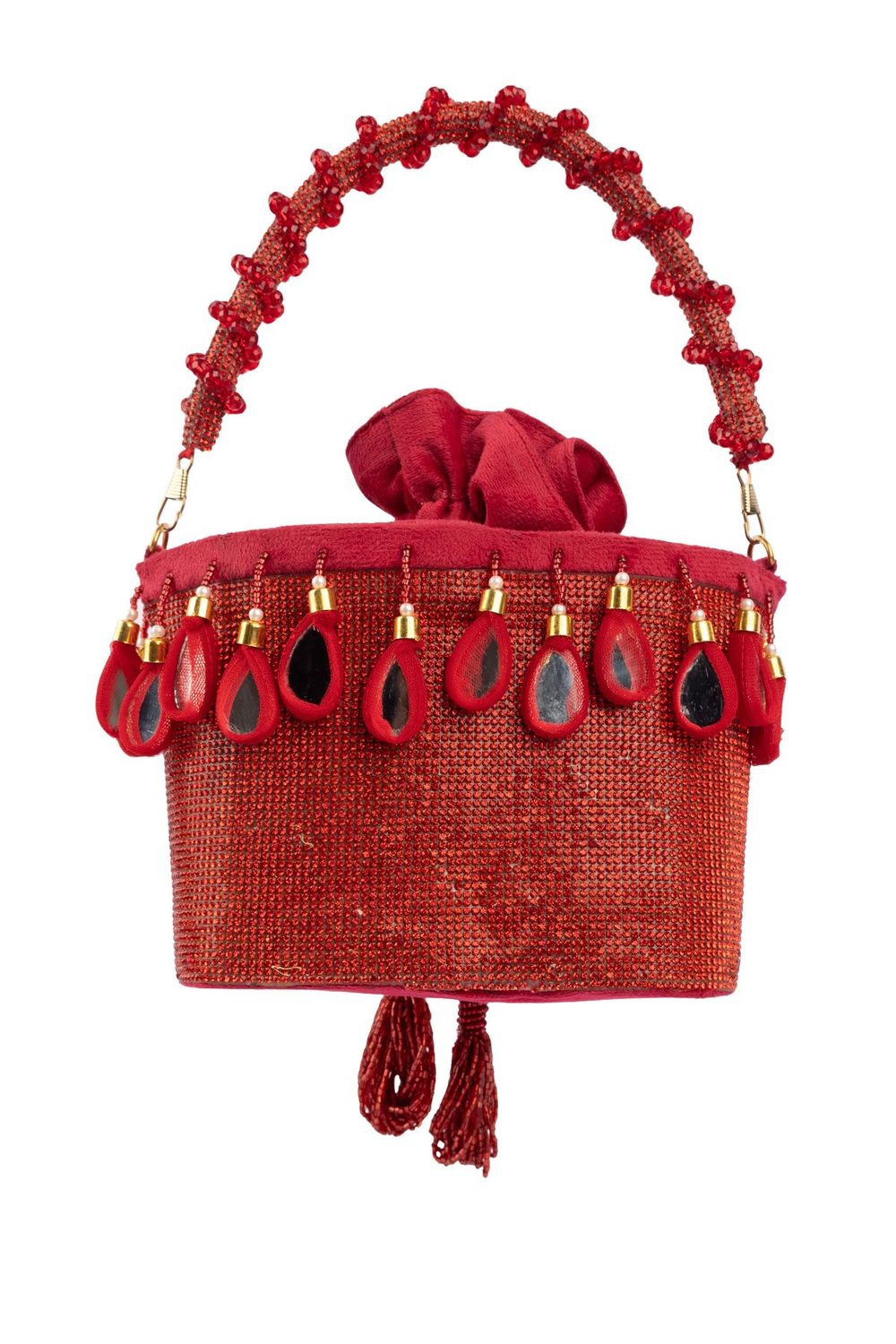 Red crystal potli bag with drawstring tassels for wedding and party wear