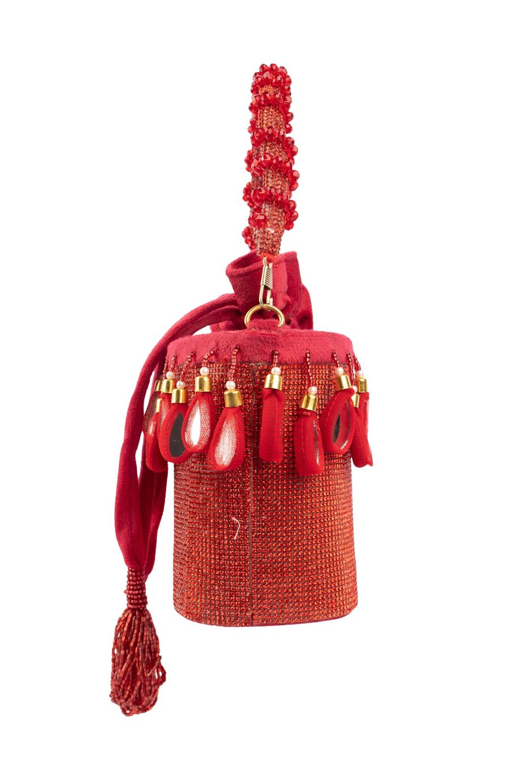 Red crystal potli bag with drawstring tassels for wedding and party wear