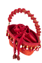 Red crystal potli bag with drawstring tassels for wedding and party wear